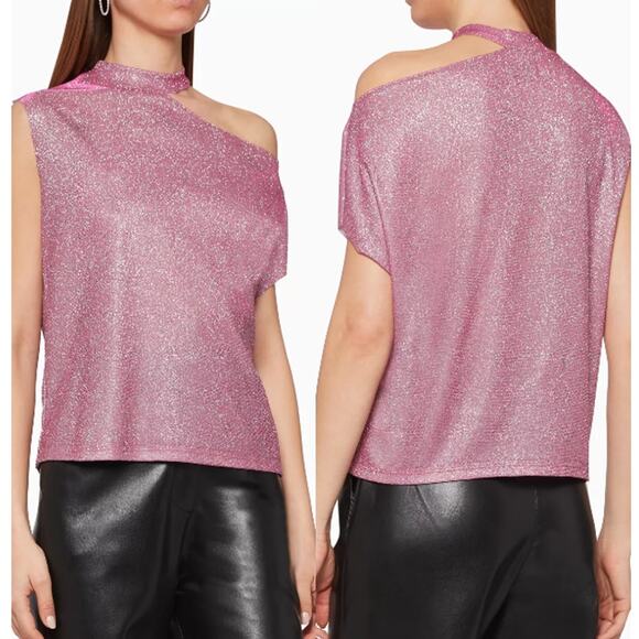 R+A Axel Glitter Cutout Asymmetrical Neck Blouse Top Disco Pink Women's Size M - Picture 1 of 5